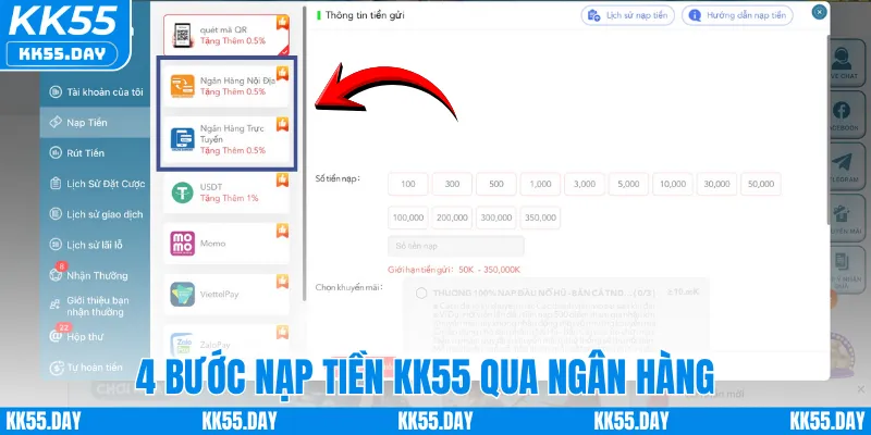 4 bước nạp tiền KK55 qua ngân hàng