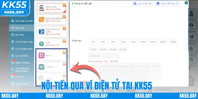 Nạp tiền qua ví điện tử tại KK55
